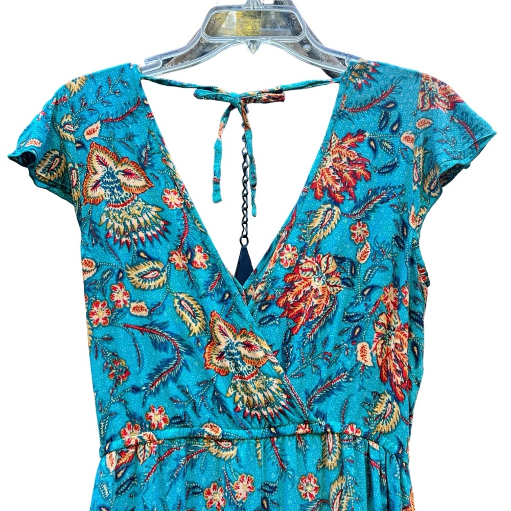 Band Of The Free Maxi Dress Blue Floral Double V Neck Faux Wrap Pockets Size M - Picture 4 of 11